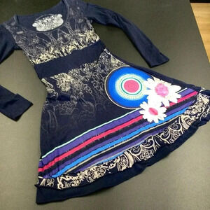 Vintage Desigual Womens Blue Floral Embroidery Logo Jersey A-Line Dress Small